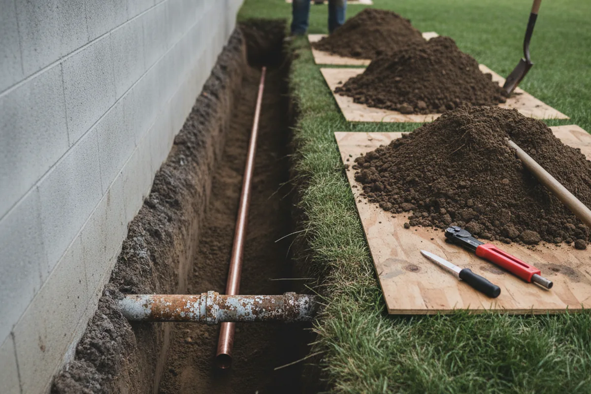 Excavated water line trench during Water Softener Installation in Mesa